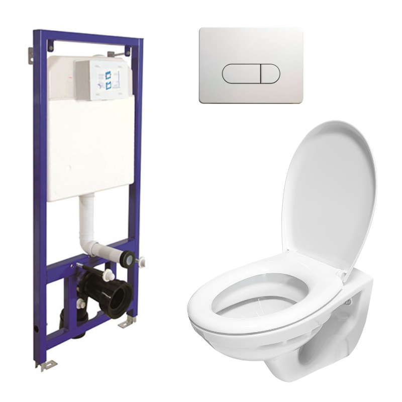 WC-Komplettset Belvit Wand Hänge WC Spülrandlos mit Deckel, Vorwandelement, Schallschutz und Betätig