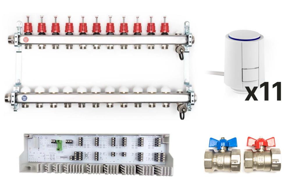 Edelstahl Heizkreisverteiler Komplett-Set, 11 Heizkreise