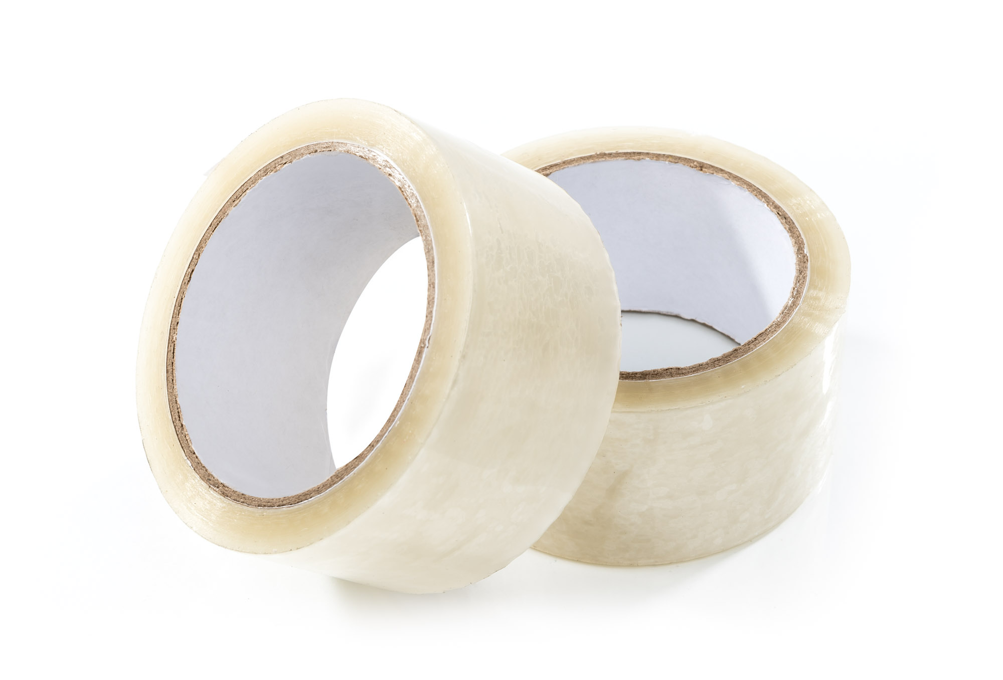 PP-Klebeband transparent 50 mm breit, 66 m, 2 Rollen vor weißem Hintergrund