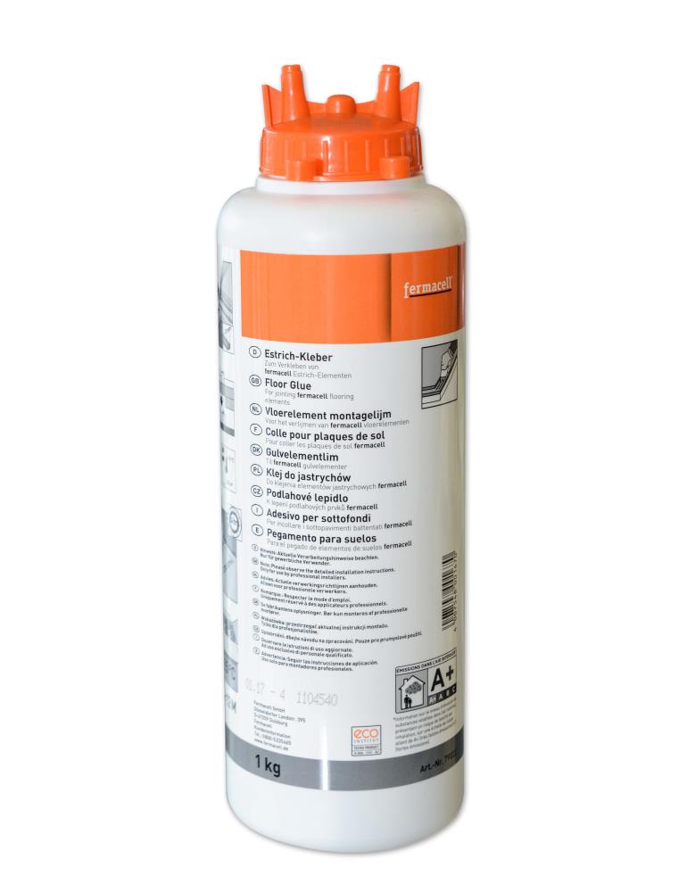 Flasche Estrichkleber zur Fixierung von Gipsfaserplatten 1 kg, Frontansicht vor weißem Hintergrund