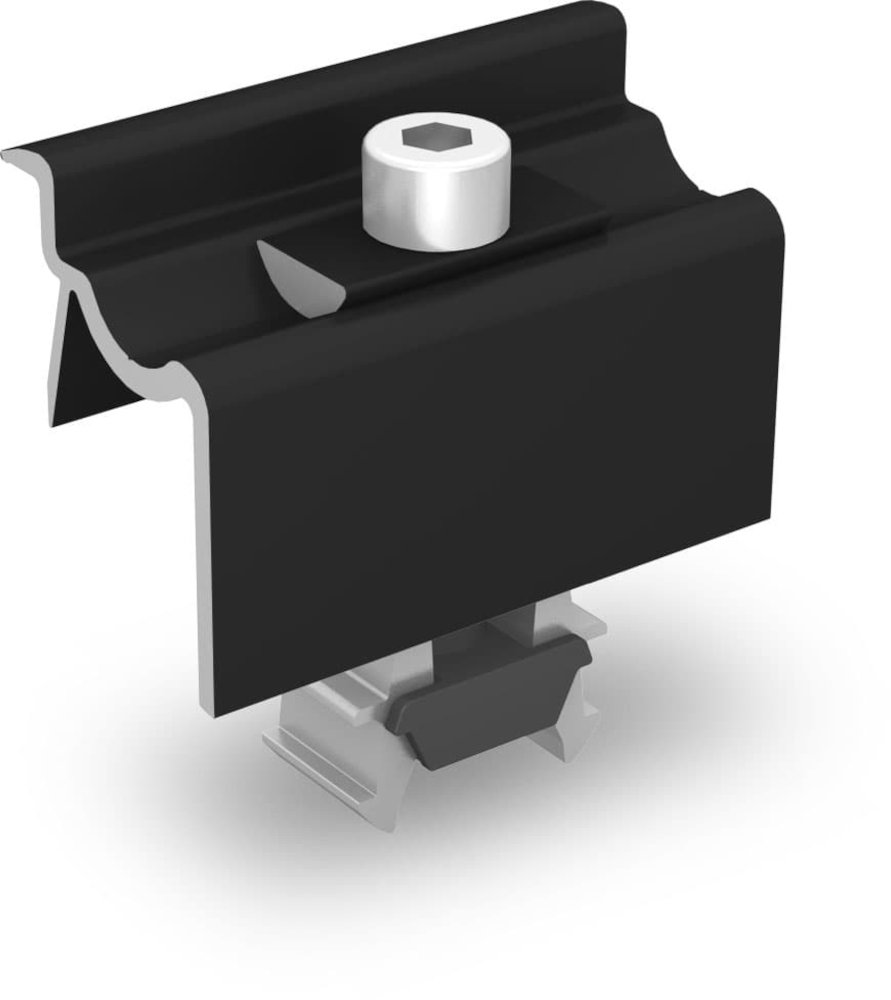 K2 Universale Endklemme OneEnd 30-42 mm, schwarz eloxiert, Seitenansicht, vor weißem Hintergrund