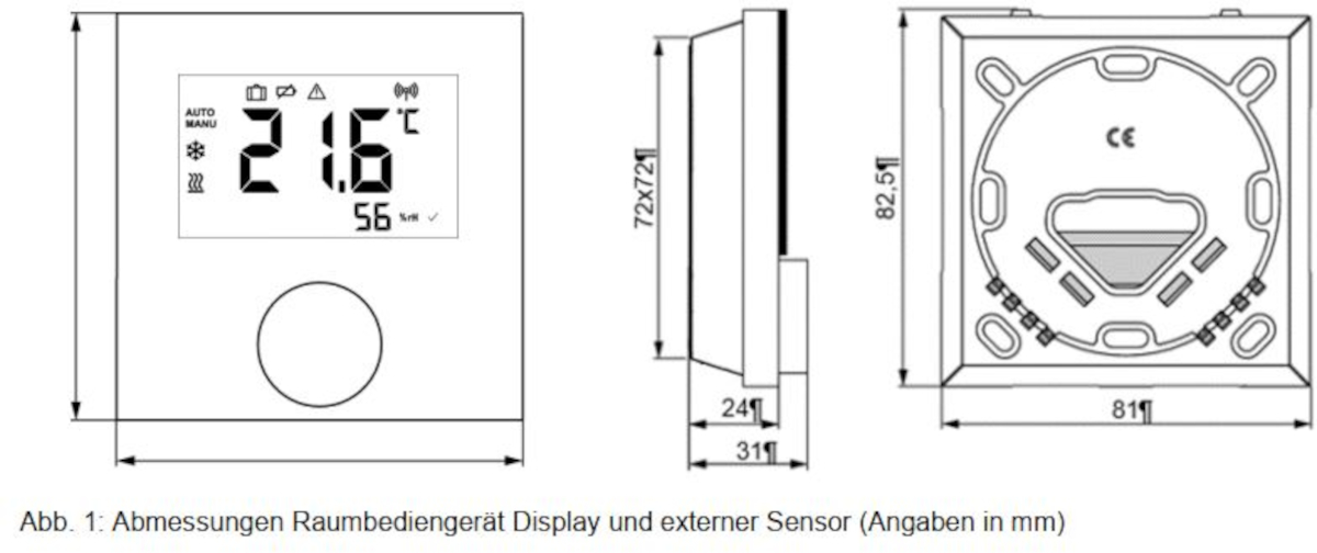Möhlenhoff Alpha SW Raumbediengerät mit Designscheibe, Maßzeichnung