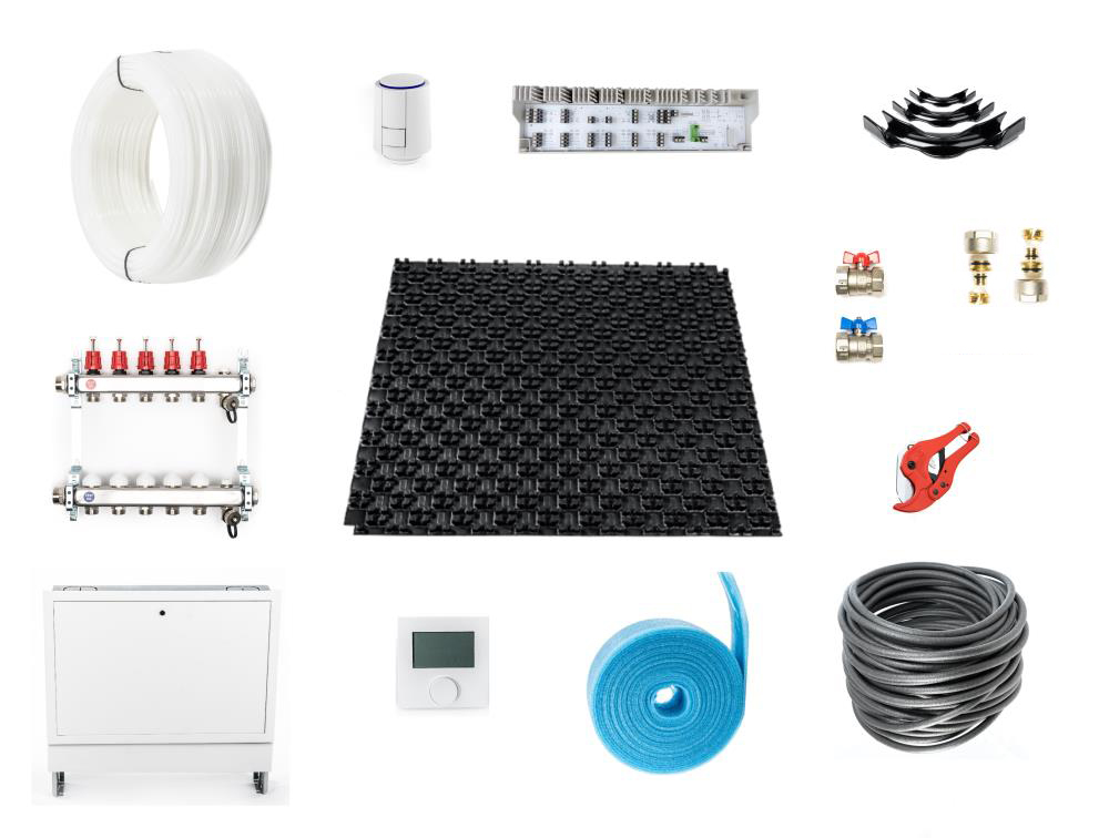 10 m² Set Noppensystem – 30-2 mm Dämmung EPS WLG 040 – mit Trittschalldämmung – PE-RT 16×2 – VA 10 – mit Regeltechnik