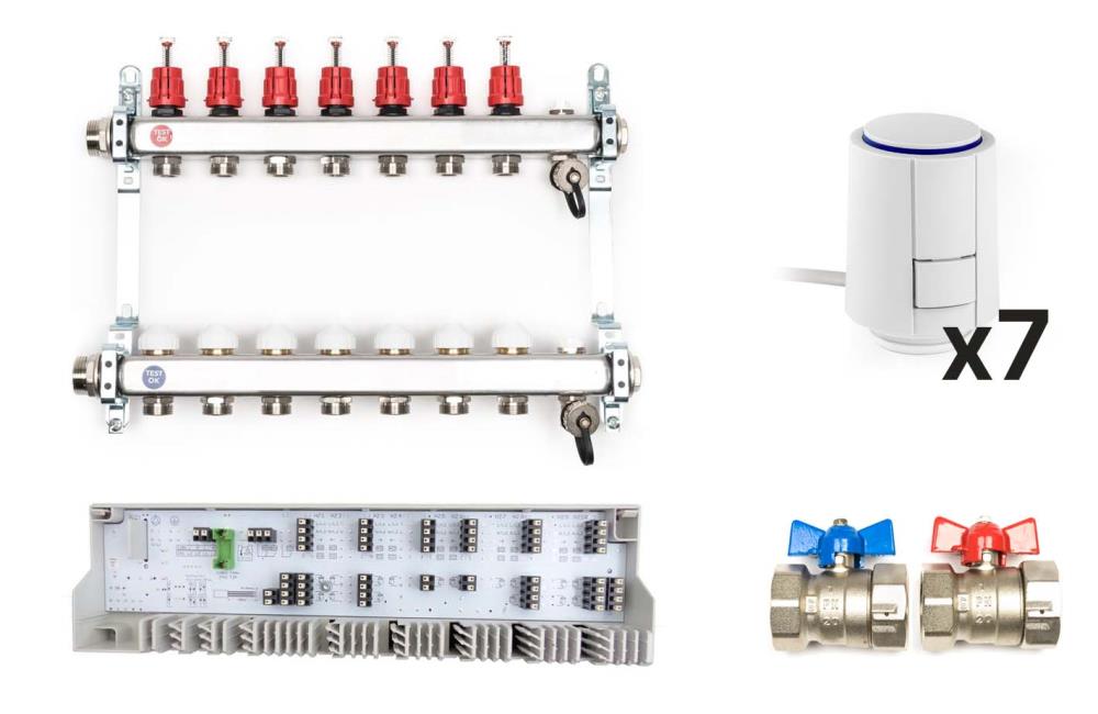 Dynamischer Heizkreisverteiler «Premium» mit automatischer Durchflussregelung im Komplett-Set, 7 Heizkreise
