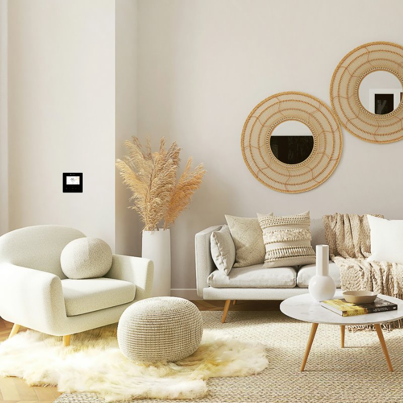 Clivet Bedieneinheit für Edge F schwarz, im Wohnzimmer an der Wand, Moodbild