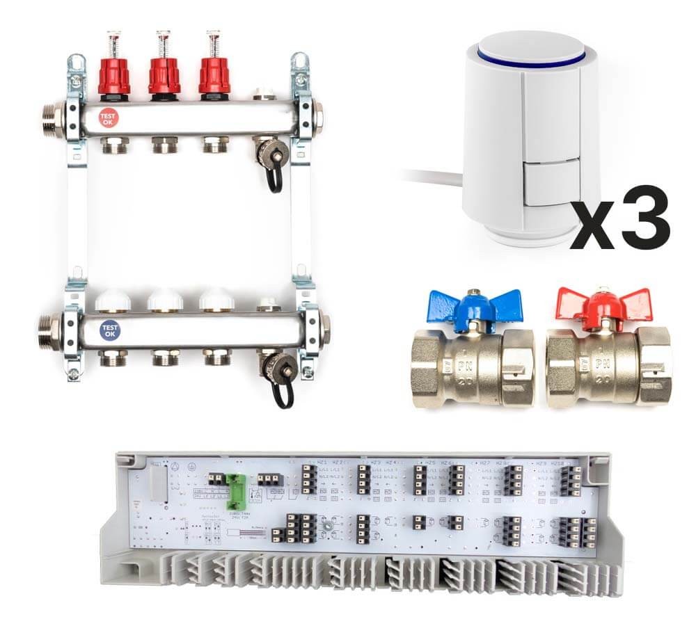Edelstahl Heizkreisverteiler Komplett-Set, 3 Heizkreise