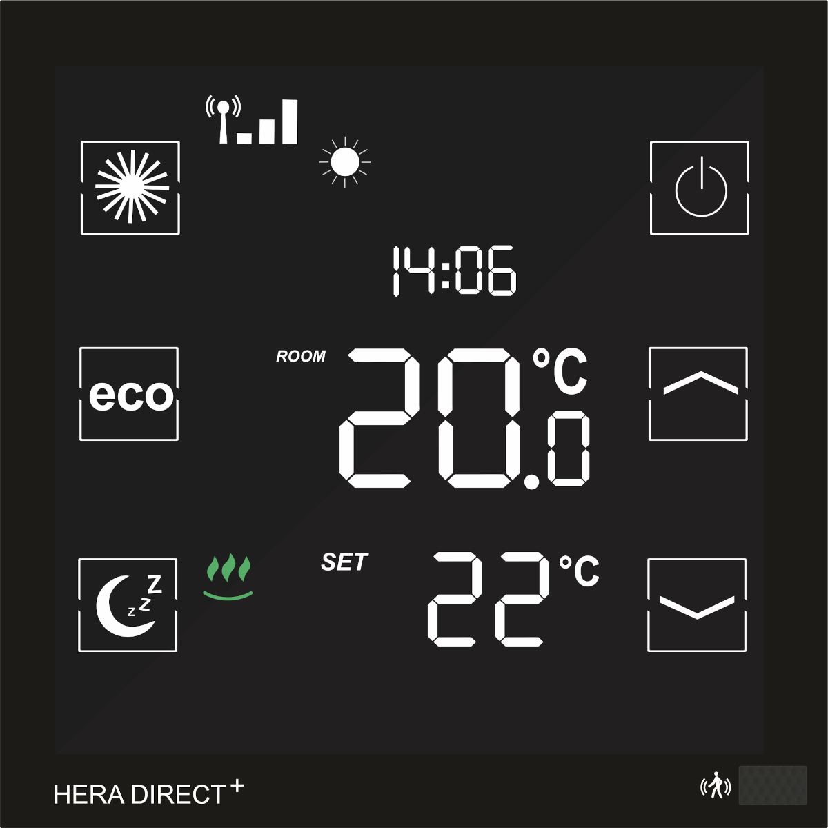Blossom IC Hera Direct+ Thermostat, 230V, schwarz HDP-3976, Frontalansicht, Grafik
