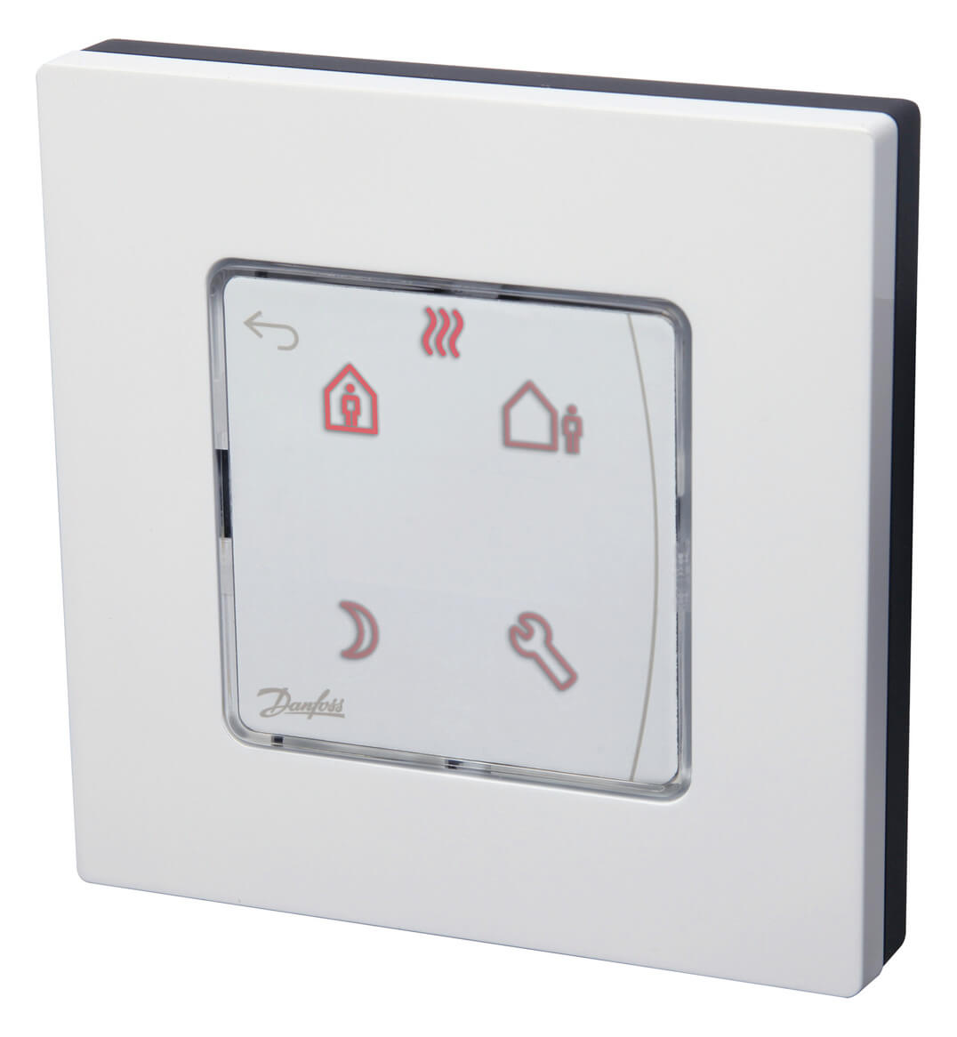 Quadratisches programmierbares Raumthermostat aus weißem Kunststoffgehäuse mit Display in der Mitte