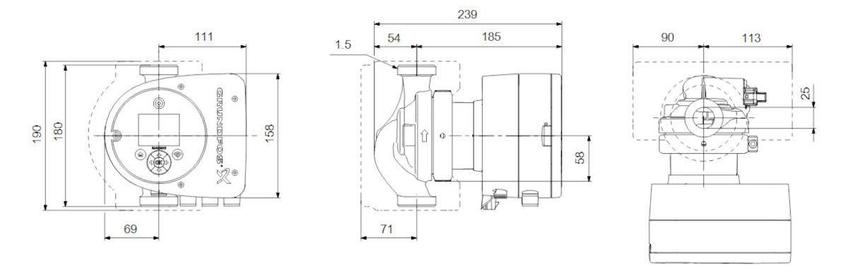 Grundfos MAGNA3, 32-120, 180mm, technische Zeichnung, auf weißem Hintergrund