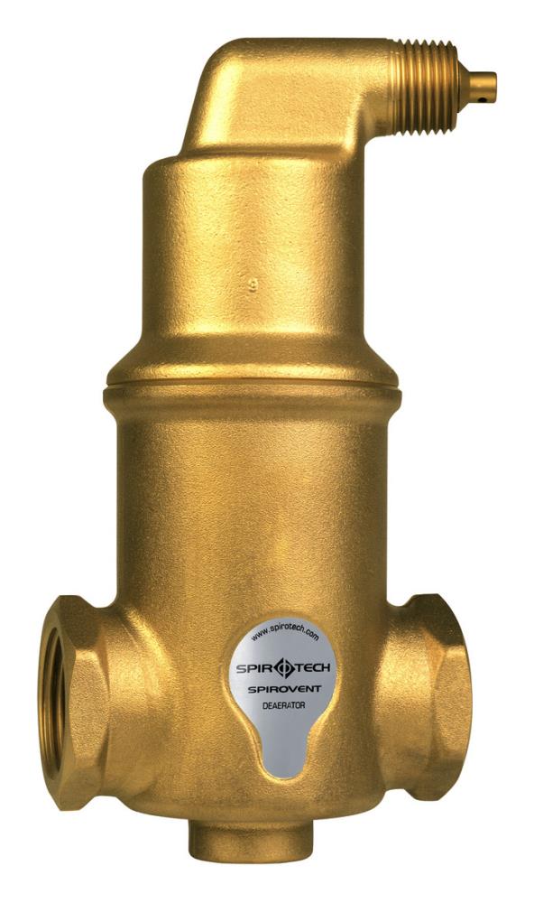 Spirotech-Luftabscheider aus Messing senkrecht aufgesellt mit Anschlüssen links- und rechtsseitig so