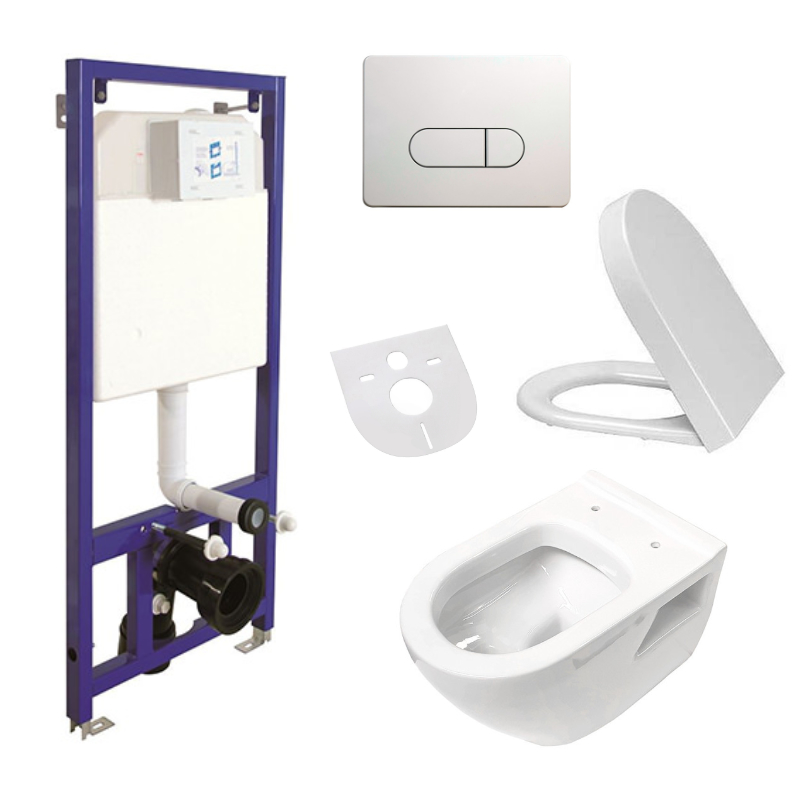 WC-Komplettset Aloni Wand / Hänge WC Toilette Softclose-Deckel, Vorwandelement und Betätigungsplatte