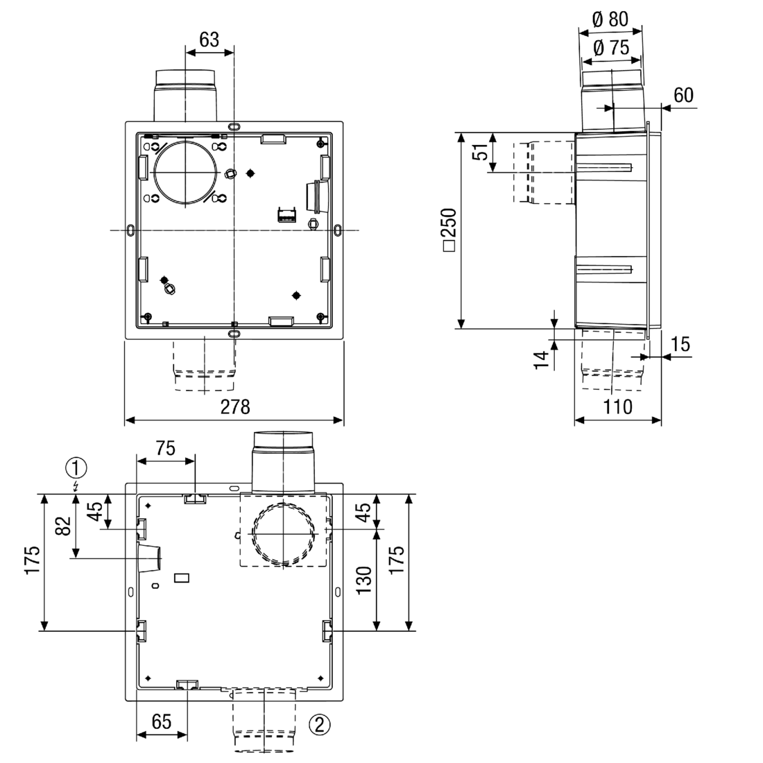 Maico Unterputzgehäuse Badlüfter, Typ ER-GH, Masszeichnung