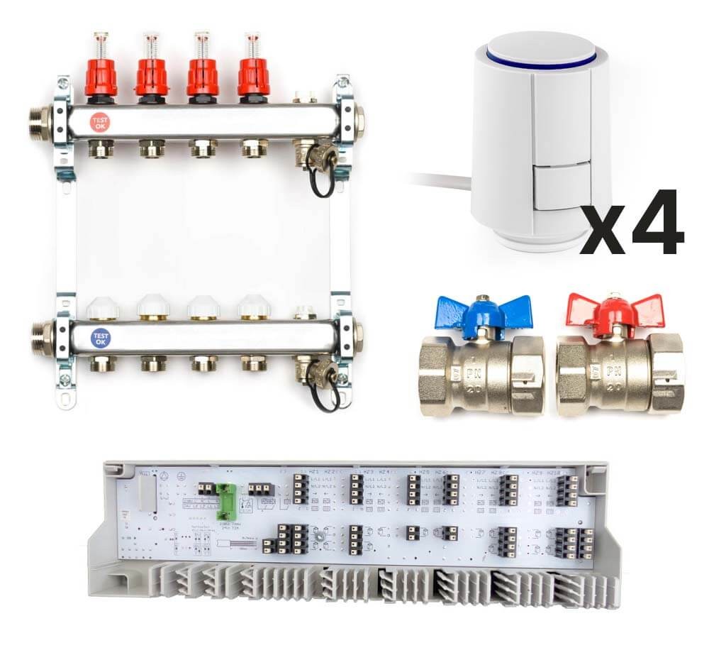 Edelstahl Heizkreisverteiler Komplett-Set, 4 Heizkreise