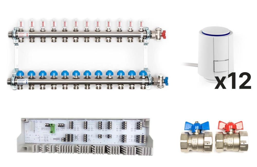 Dynamischer Heizkreisverteiler «Premium» mit automatischer Durchflussregelung im Komplett-Set, 12 Heizkreise
