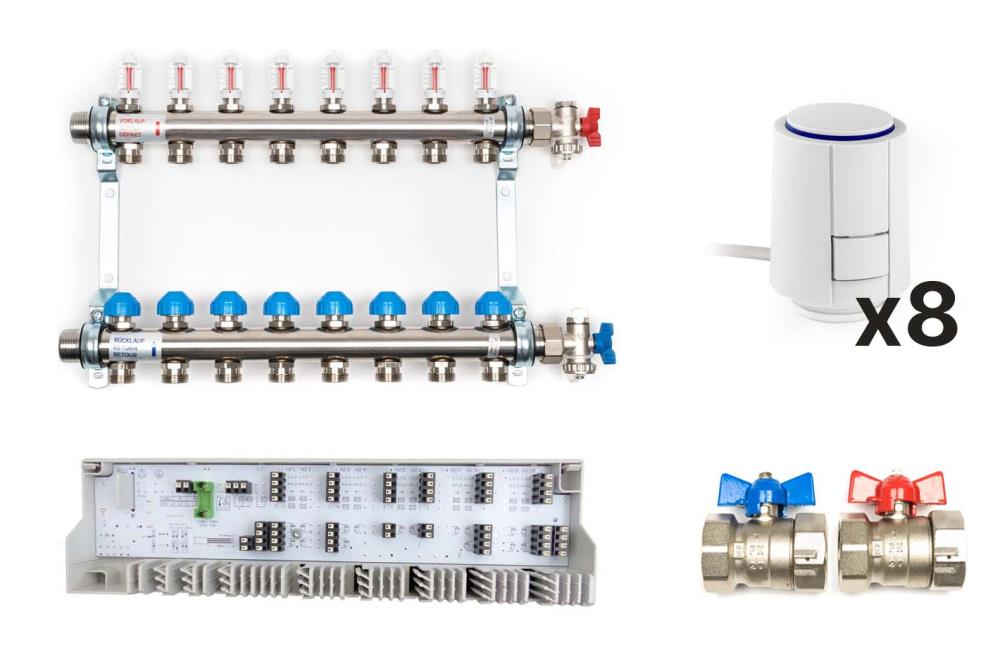 Dynamischer Heizkreisverteiler «Premium» mit automatischer Durchflussregelung im Komplett-Set, 8 Heizkreise Dynamischer Heizkreisverteiler «Premium» mit automatischer Durchflussregelung im Komplett-Set, 8 Heizkreise