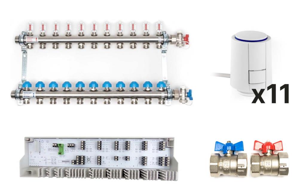 Dynamischer Heizkreisverteiler «Premium» mit automatischer Durchflussregelung im Komplett-Set, 11 Heizkreise