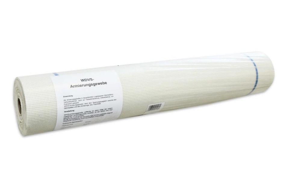 Glasarmierungsgewebe für Gipsputze 50 m² Rolle, Seitenansicht vor weißem Hintergrund