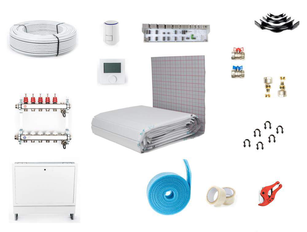 10-130 m² Tackersystem Fußbodenheizung Set – Multidämmrolle 30-3 WLG045 – ALU 16x2 – VA 10 – mit Regeltechnik