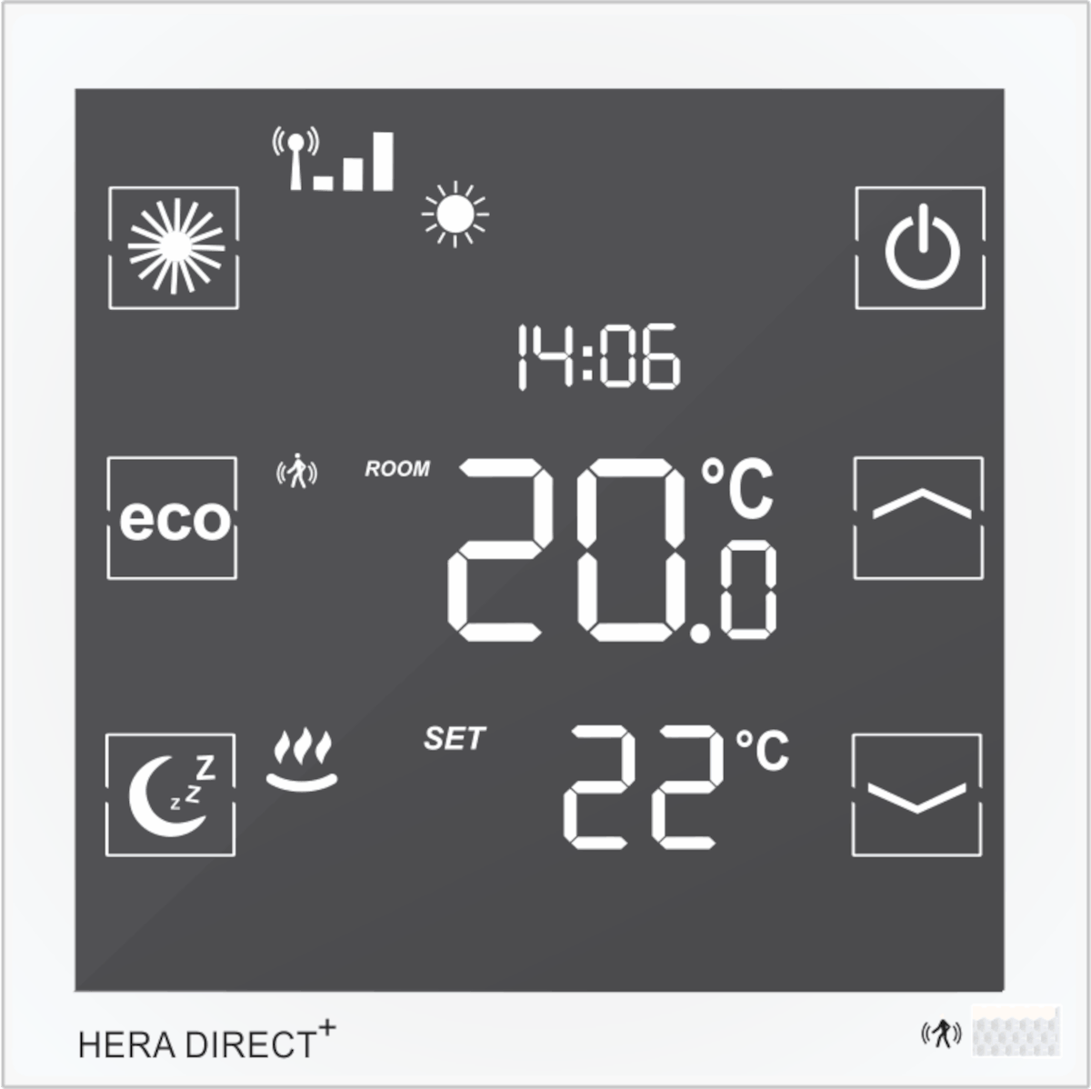 Blossom IC Hera Direct+ Thermostat, 230V, weiß HDPW-4010, Frontalansicht, Grafik