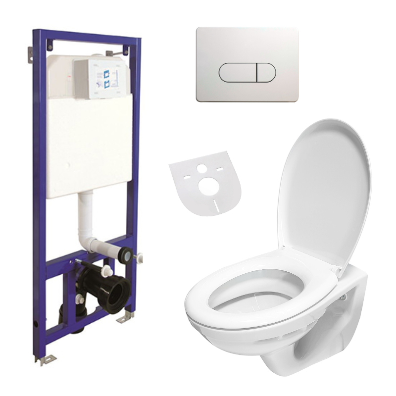 WC-Komplettset Belvit Wand Hänge WC Abgang Wand, mit Deckel, Vorwandelement, Schallschutz und Betäti