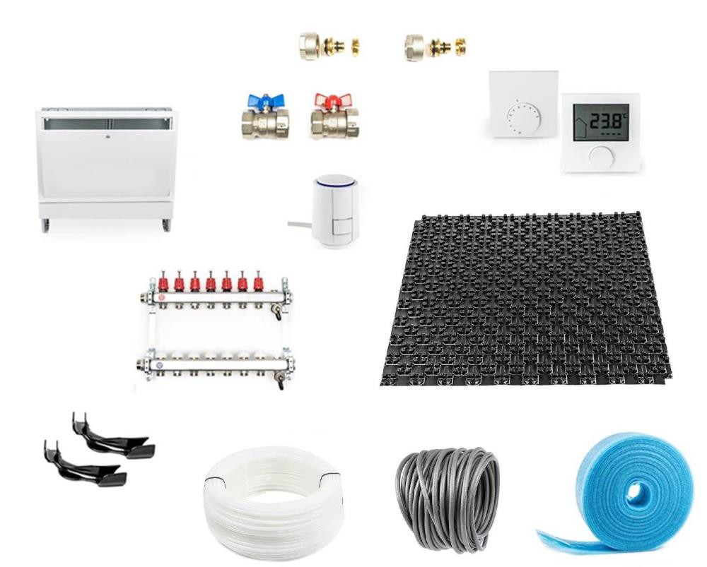 Noppenplaat-Systeem set inclusief warmte-isolatie en regeltechniek, voor vloerverwarming, 10-100 m²