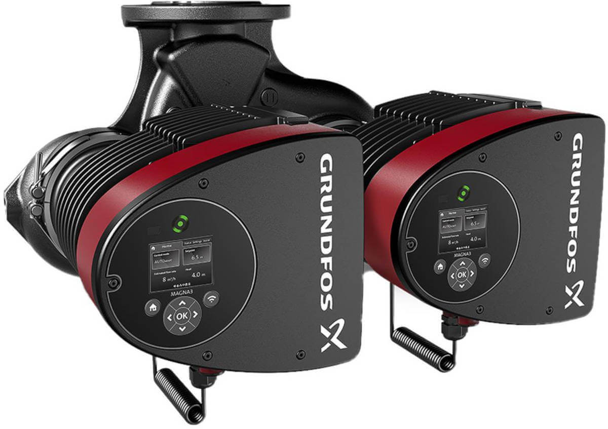 Grundfos Umwälzpumpe MAGNA3 D 32-120F PN6/10 220mm, Vorderansicht, vor weißem Hintergrund