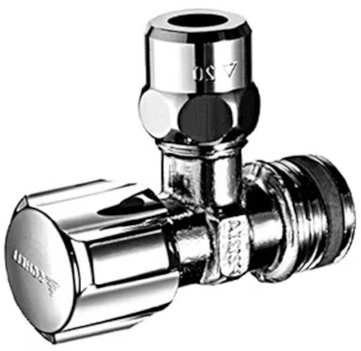 Delphis Eckregulierventil Comfort, ohne ASAG, Vorderansicht, vor weißem Hintergrund