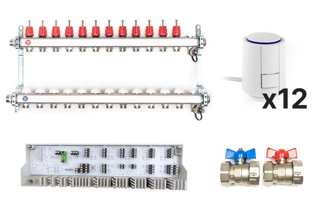 Edelstahl Heizkreisverteiler Komplett-Set, 12 Heizkreise