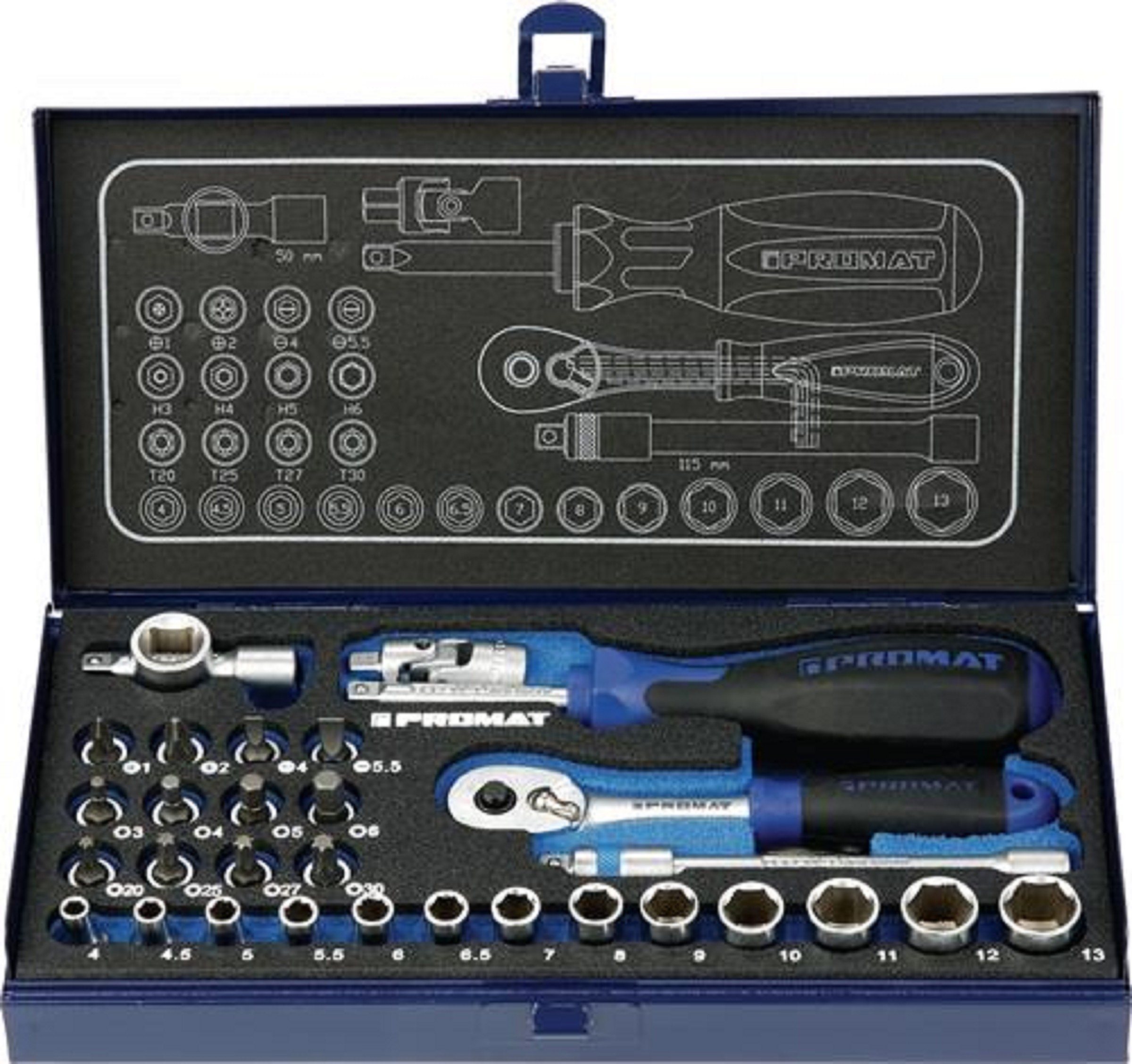 Steeksleutelset PROMAT 36-delig, 1/4-Vierkantaandrijving