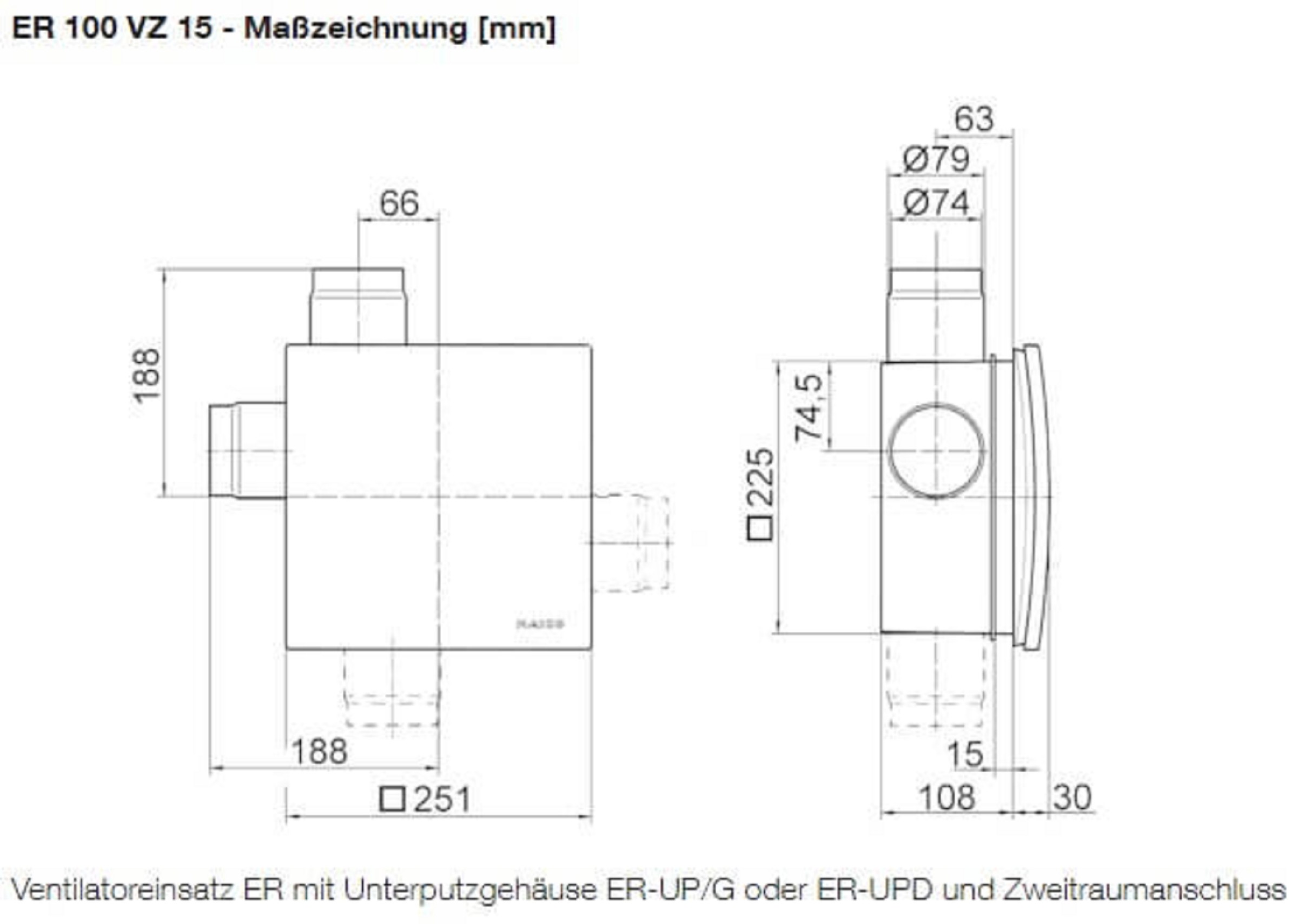 Maico Ventilatoreneinsatz m. Abdeckung ER 100 VZ15, Masszeichnung mit Zweitraumanschluss