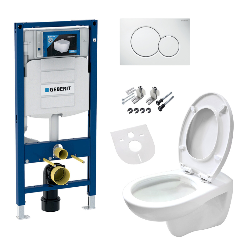 WC-Komplettset Geberit Wand Hänge WC Spülrandlos mit Deckel, Vorwandelement, Schallschutz und Betäti