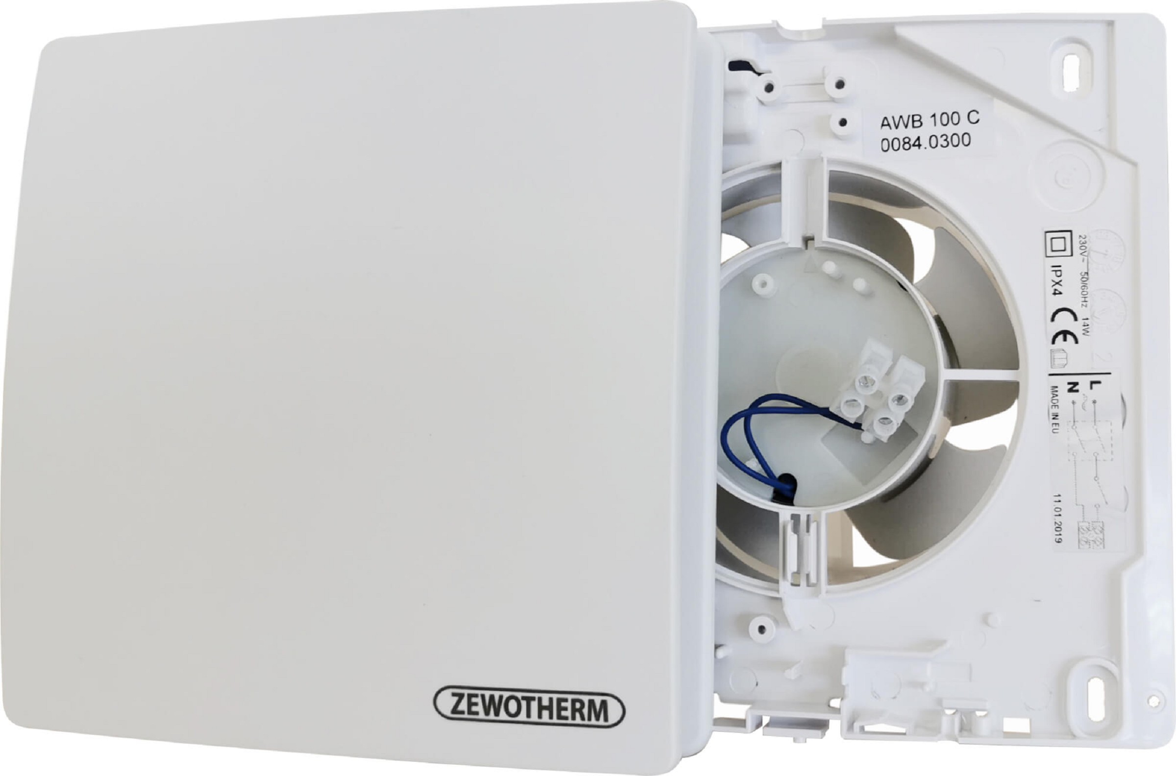 Kleinraumventilator Maico KRV 100 F in weiß mit abgenommener Blende