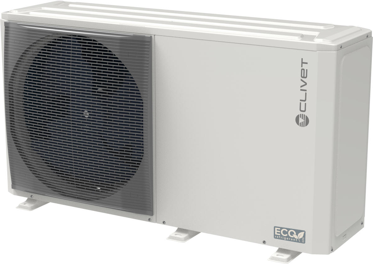 Clivet MONOBlock-Wärmepumpe Edge F 6.1, 12,00 kW, R290, Seitenansicht, vor weißem Hintergrund