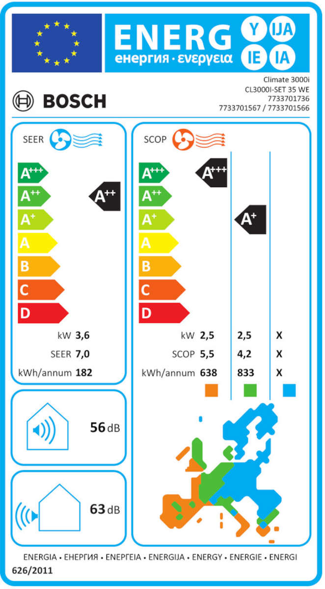 BOSCH Split-Klimagerät CL3000i-Set 35 WE Außen- und Inneneinheit, 3,5 kW, Energieeffizienzlabel