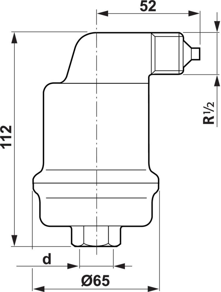 Spirotech-Luftabscheider aus Messing senkrecht aufgesellt mit Anschluss oben rechts und unten