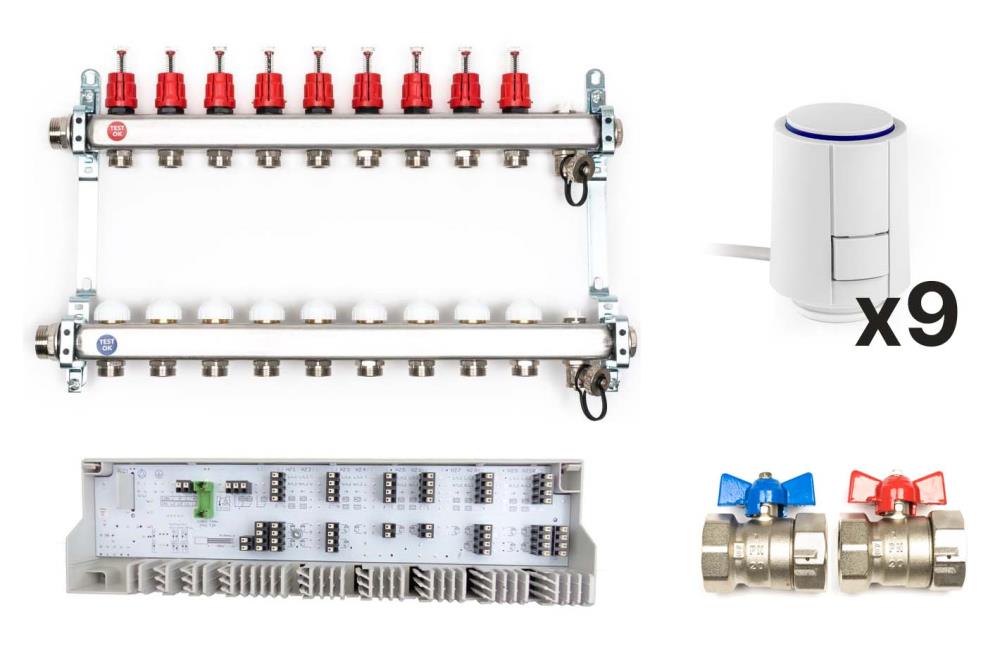 Edelstahl Heizkreisverteiler Komplett-Set, 9 Heizkreise