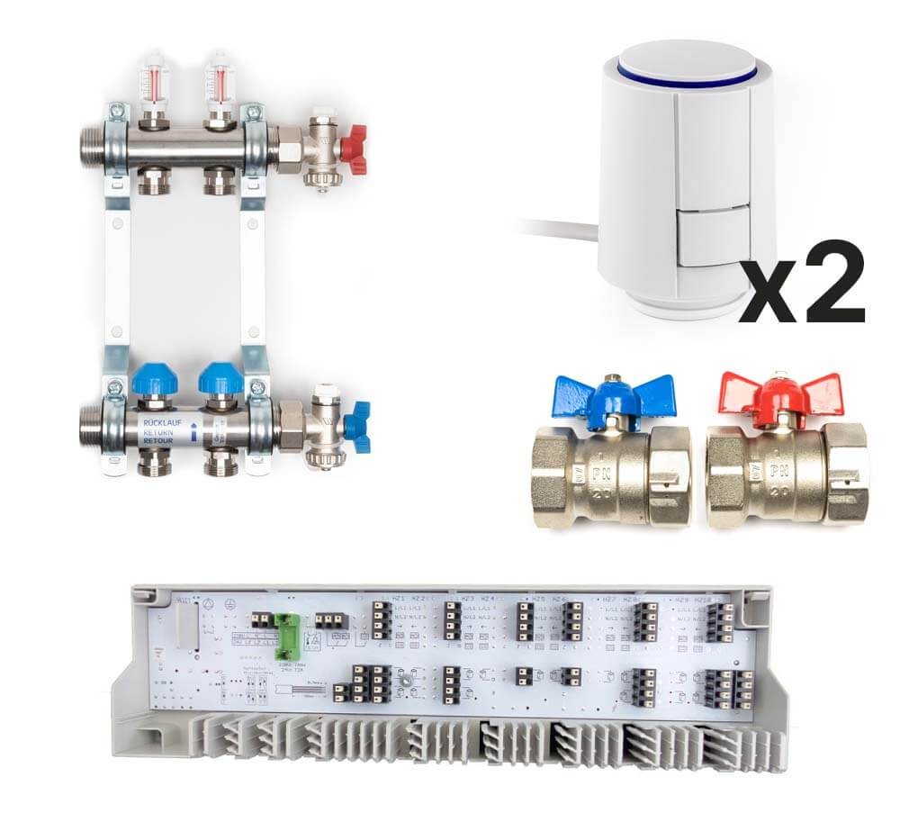 Dynamischer Heizkreisverteiler «Premium» mit automatischer Durchflussregelung im Komplett-Set, 2 Heizkreise
