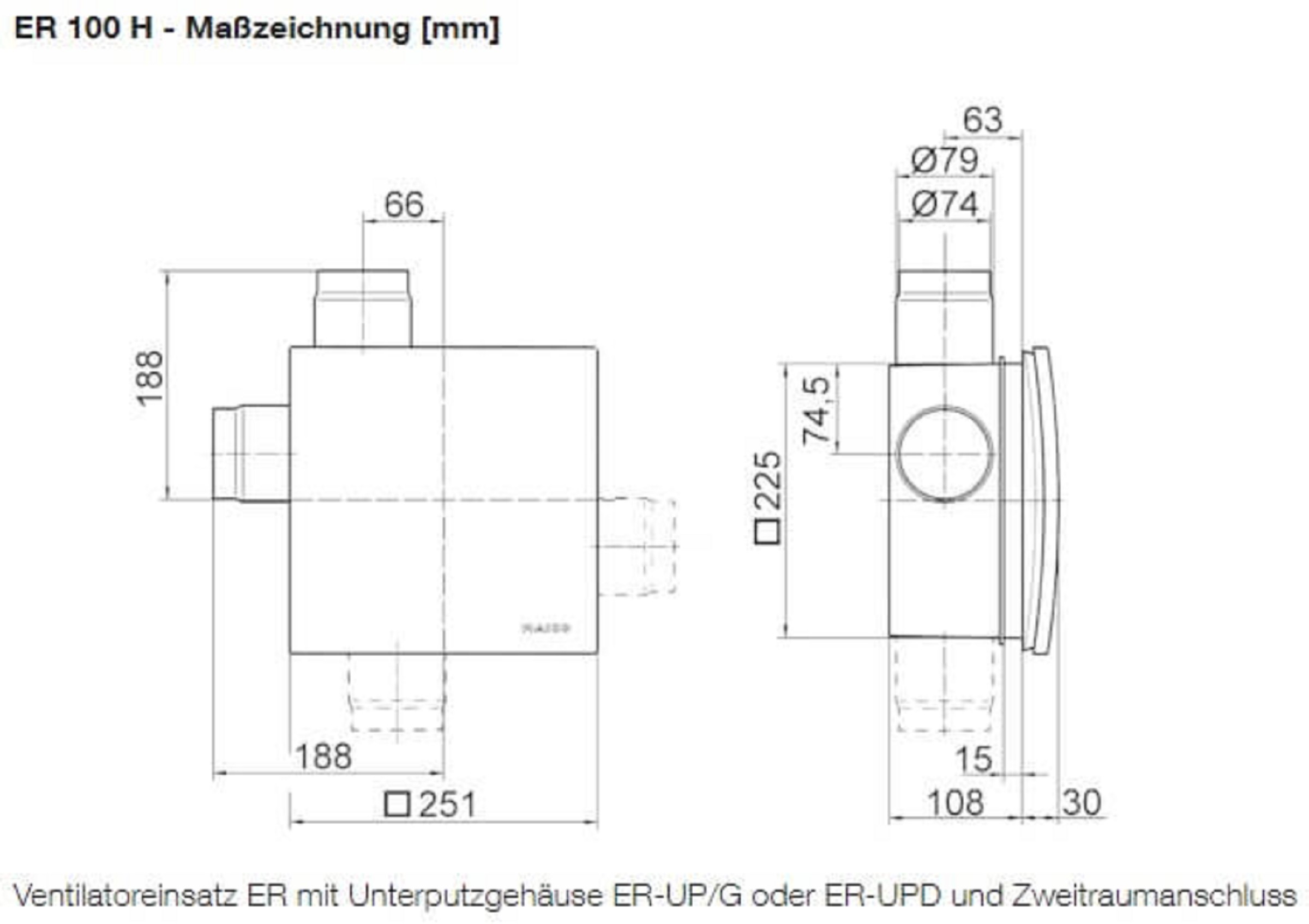 Maico Ventilatoreneinsatz ER 100 H, Masszeichnung mit Zweitraumanschluss