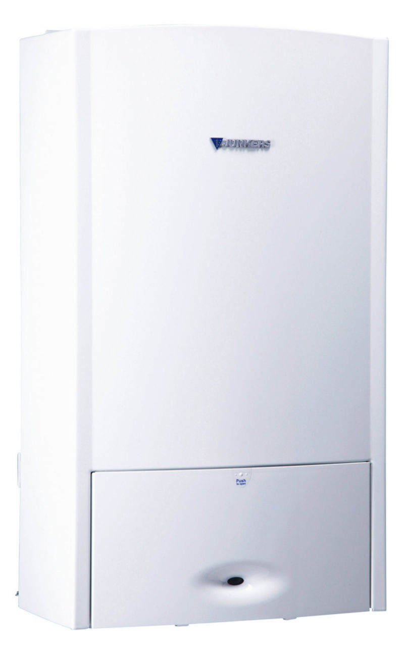 JUNKERS Gas-Heizwertgerät, CERAMINI ZSR 5/10-7 KE 23, Frontalansicht, auf weißem Hintergrund