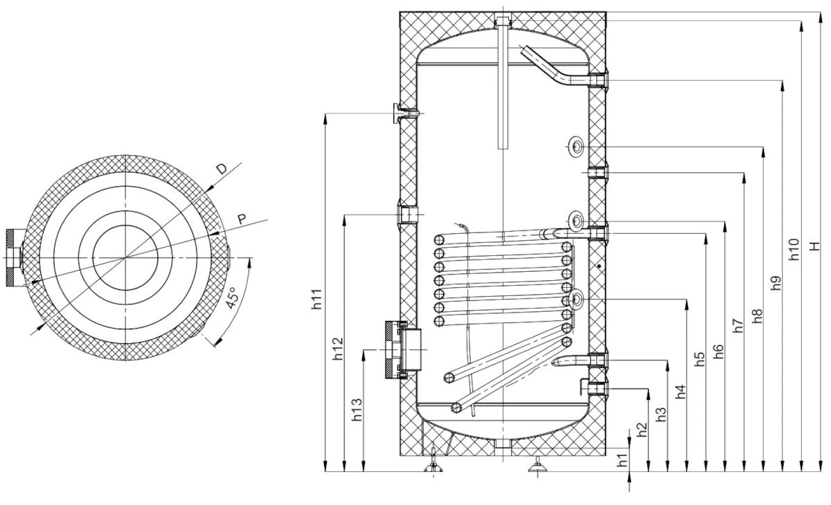 ZEWO Brauchwasserspeicher 500l, technische Zeichnung