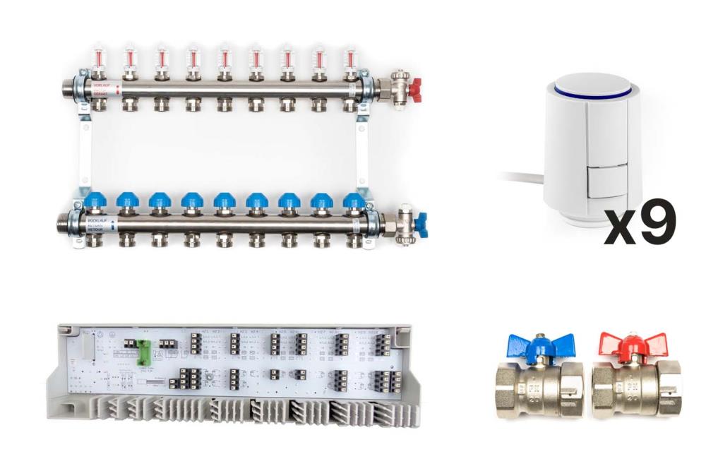 Dynamischer Heizkreisverteiler «Premium» mit automatischer Durchflussregelung im Komplett-Set, 9 Heizkreise