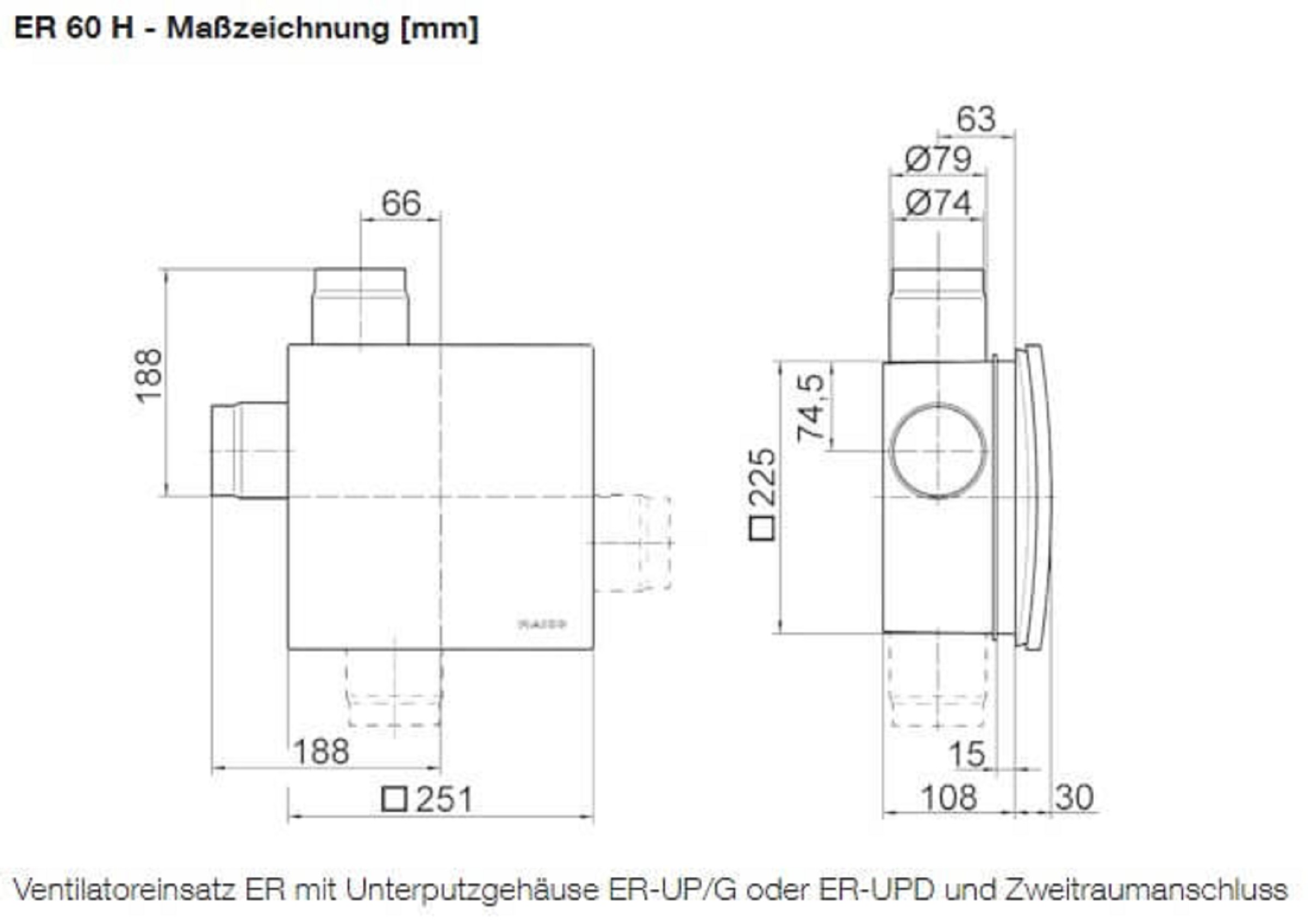 Maico Ventilatoreneinsatz mit Abdeckung ER 60H, Masszeichnung mit Zweitraumanschluss
