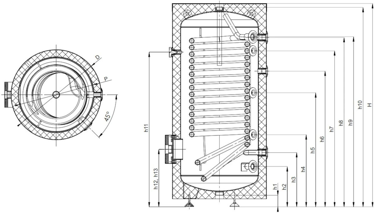 ZEWO Wärmepumpenspeicher 200l, technische Zeichnung