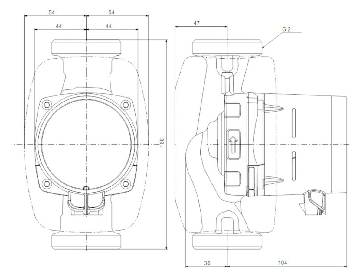 Grundfos ALPHA1 32-40 180mm, technische Zeichnung, auf weißem Hintergrund