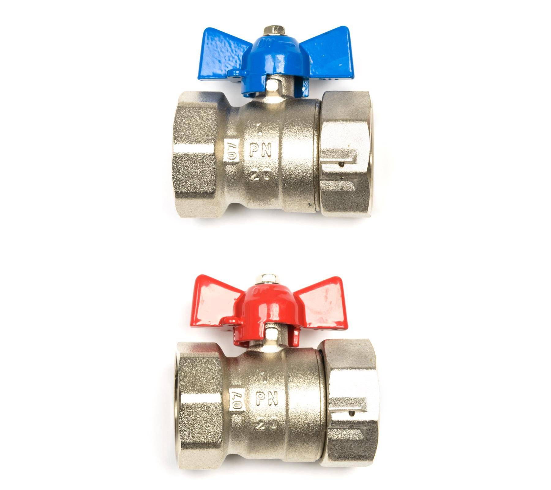 Kogelkraanset 1" binnendraad / binnendraad - rood / blauw met koppeling