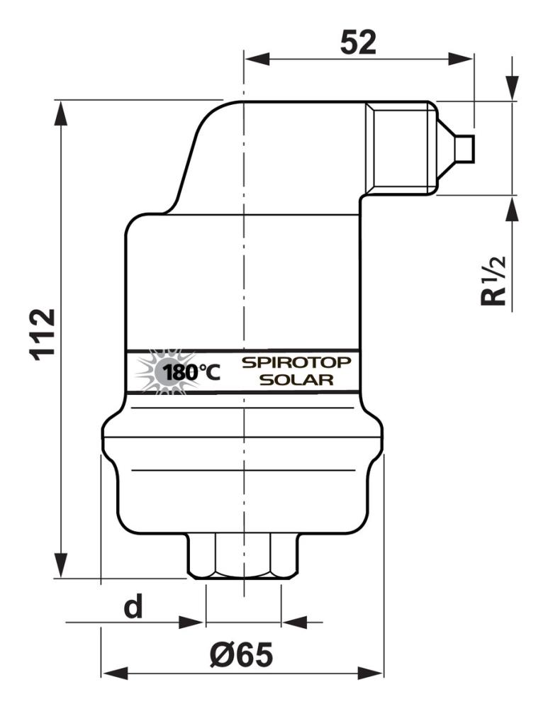 Spirotech-Luftabscheider aus Messing senkrecht aufgesellt mit Anschluss oben rechts und unten sowie