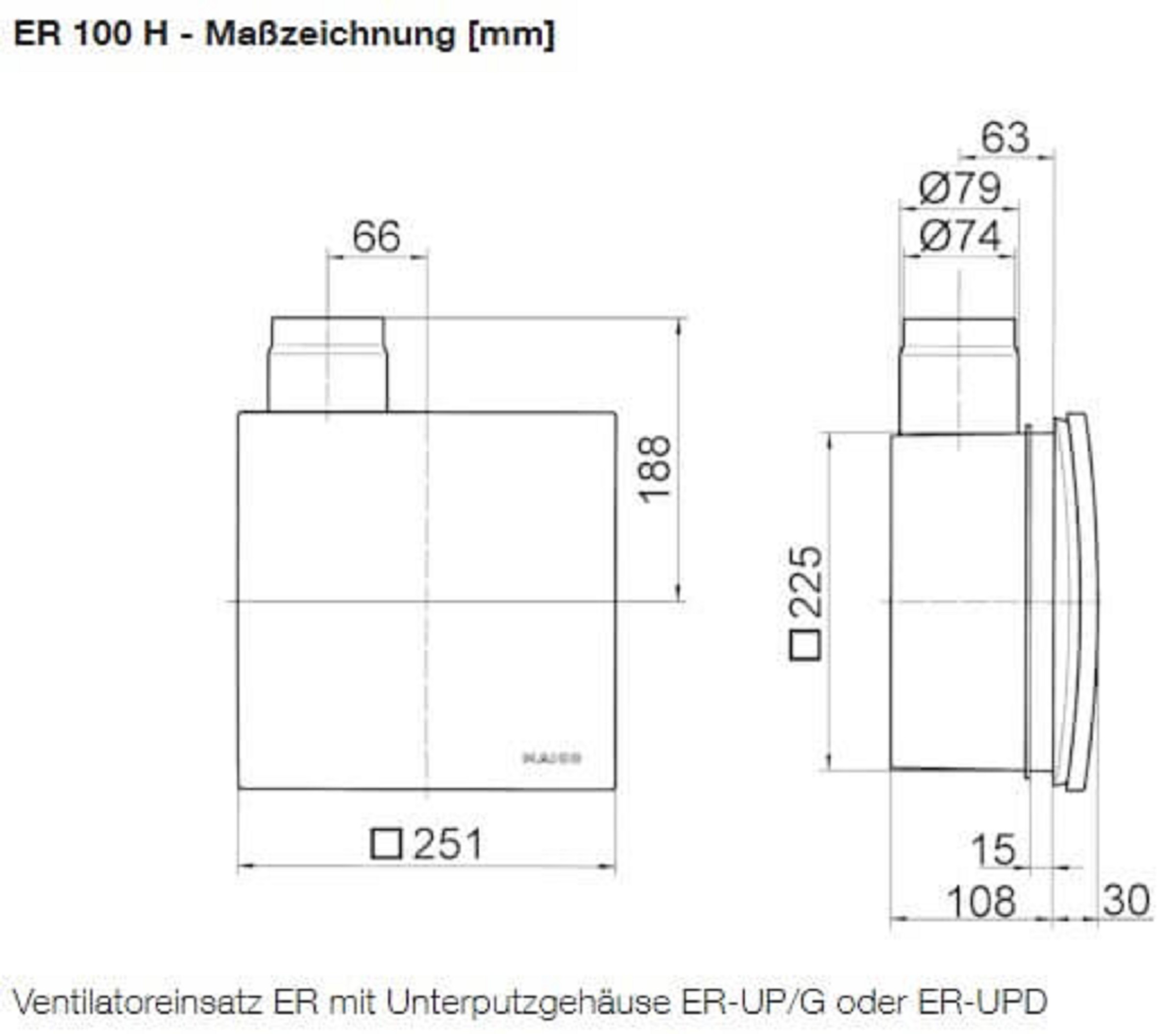 Maico Ventilatoreneinsatz ER 100 H, Masszeichnung, Ventilatoreinsatz mit Unterputzgehäuse