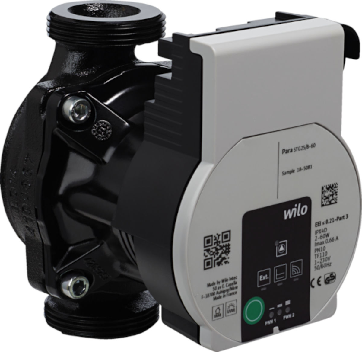 Stiebel Eltron Umwältzpumpe UP 25/7.5 PCV, Profil links, auf weißem Hintergrund