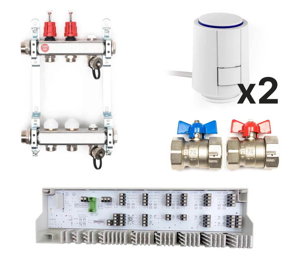 Edelstahl Heizkreisverteiler im Komplett-Set, 2 Heizkreise