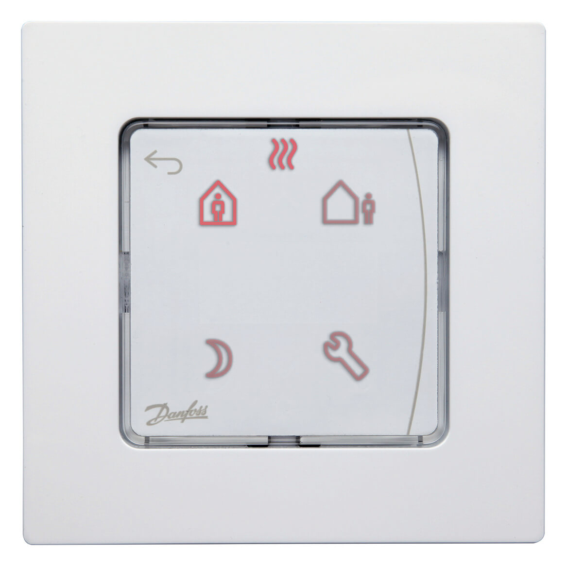 Quadratisches programmierbares Raumthermostat aus weißem Kunststoffgehäuse mit Display in der Mitte